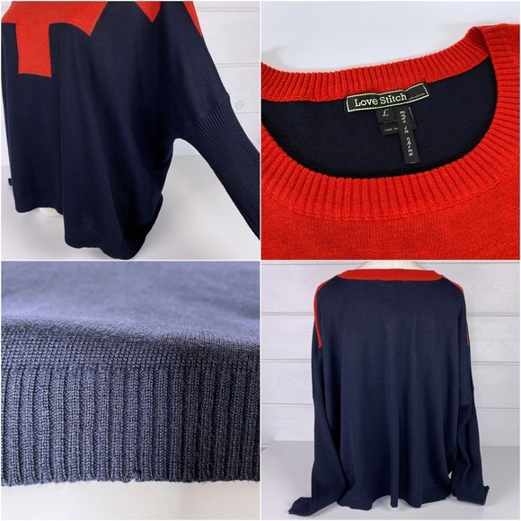 Oversized Color Block Sweater Navy Orange Modern Minimalist Nautical Winter Fall - Picture 7 of 8